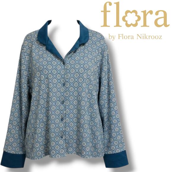 Flora by Flora Nikrooz Women’s Blue Geometric Long Sleeve Pajama Top Size Large - Picture 8 of 9